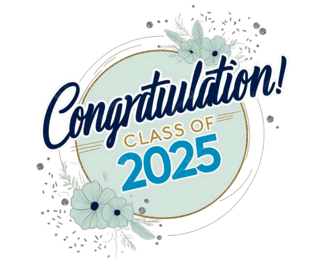 text reads congratulation class of 2025, over green circle with flowers on either side and grey confetti around it